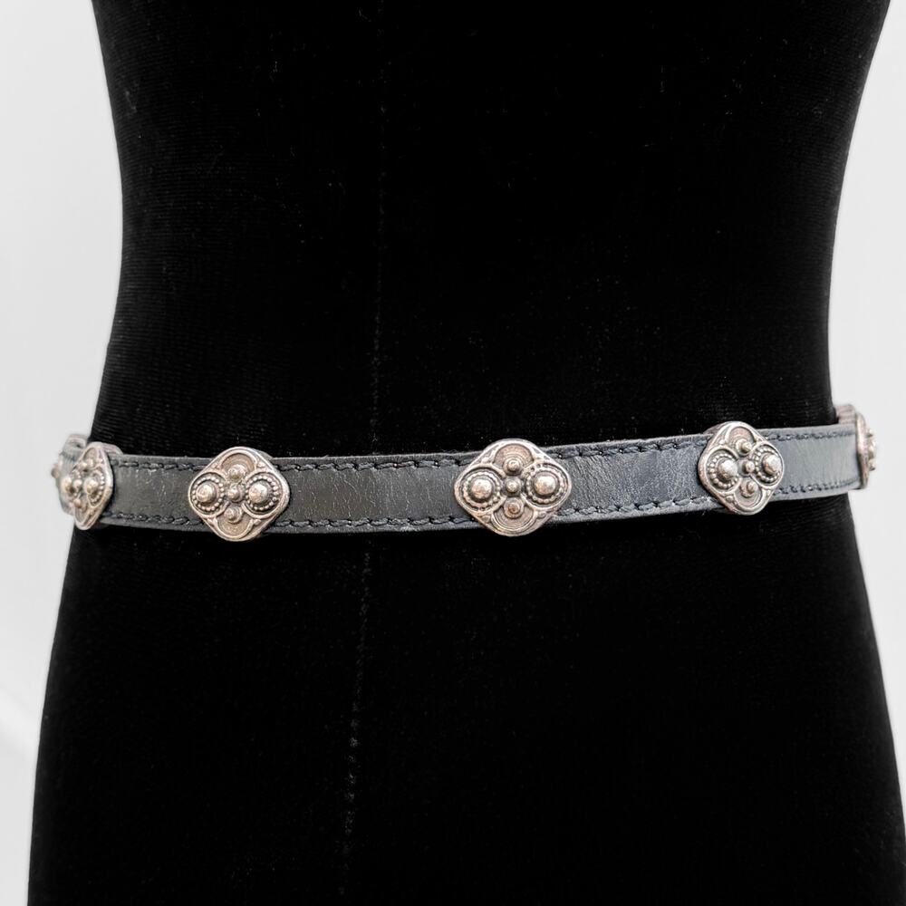 ABACO Paris Vintage Concho Silver Black Genuine Leather Belt S French Designer - Picture 6 of 10